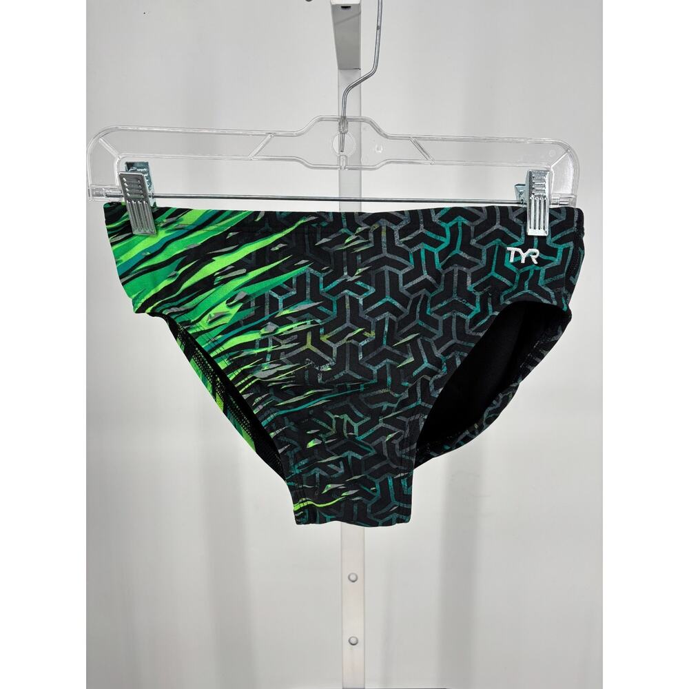 TYR Synergy All-Over Racer Swim Briefs Mens 34 Black Green Performance Sport NEW